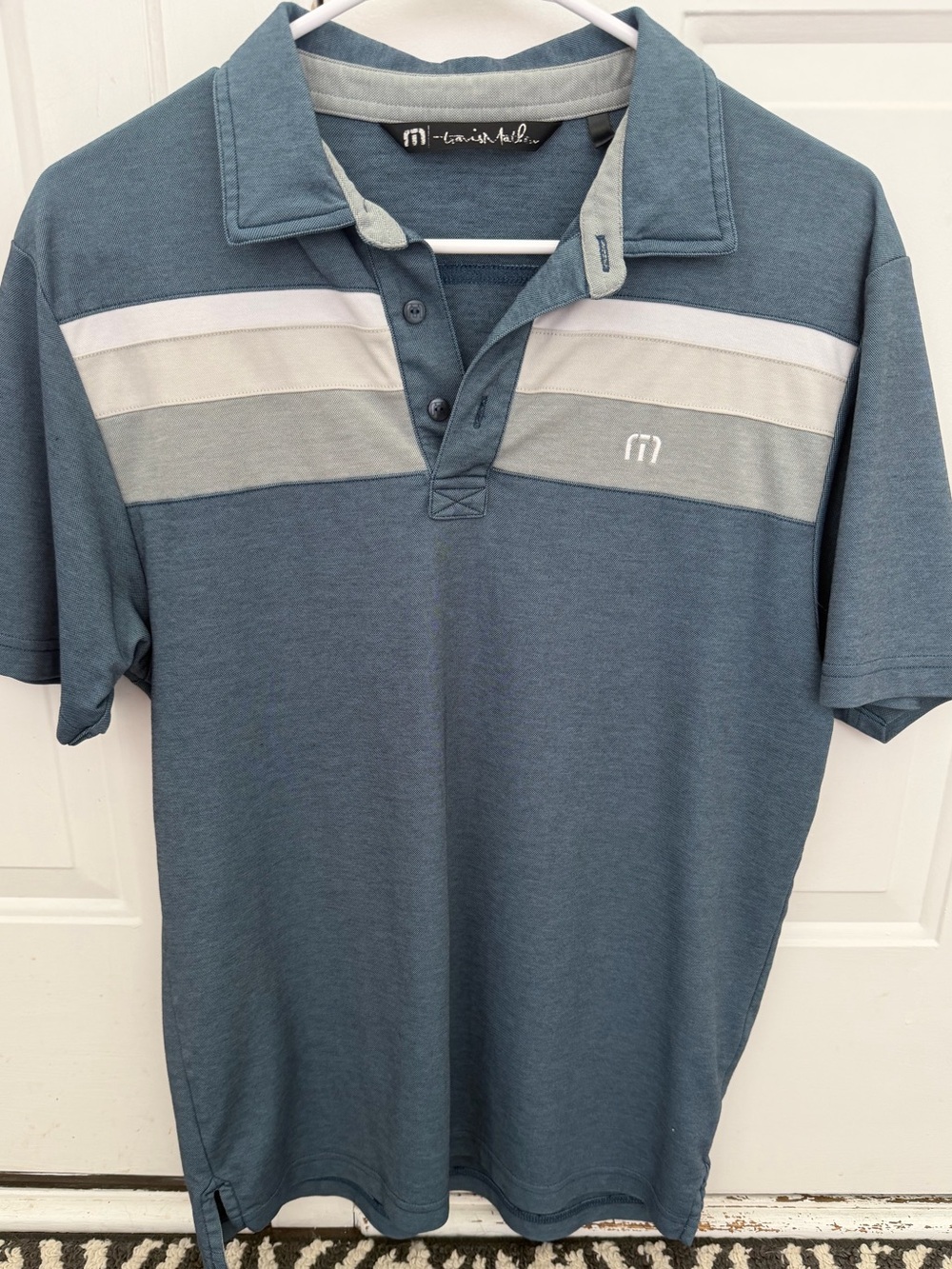 Travis Mathew Slate Blue Polo with Gray and White Chest Stripes